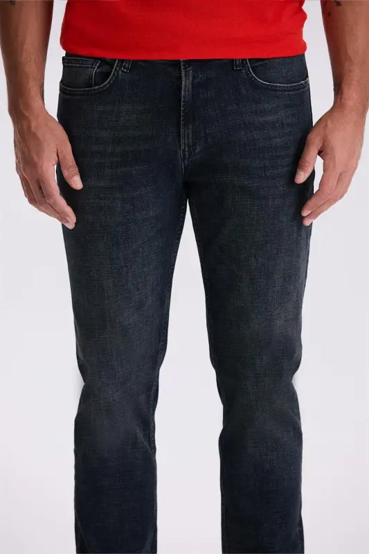 Navy-1 Slim Fit Washed Distressed Cotton Slim Cut Jeans Denim Trousers - 4