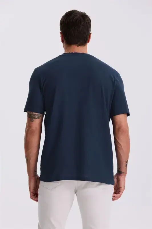 Navy 100% Cotton Patterned Crew Neck T-Shirt - 1