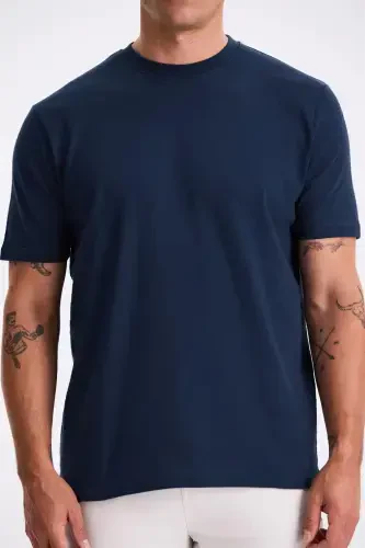 Navy 100% Cotton Patterned Crew Neck T-Shirt - 4