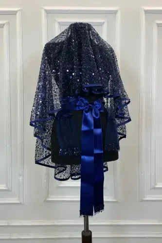 Navy Authentic VIP Bridal Veil Set, Complete Sequin Beaded Pearl Shiny Henna Veil Set 6 Pieces-Navy - 1