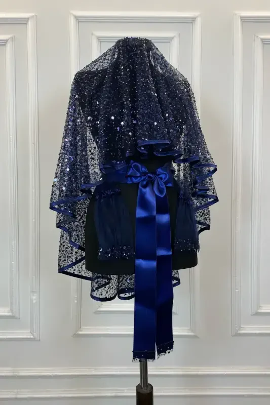 Navy Authentic VIP Bridal Veil Set, Complete Sequin Beaded Pearl Shiny Henna Veil Set 6 Pieces-Navy - 1