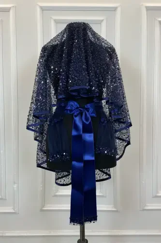 Navy Authentic VIP Bridal Veil Set, Complete Sequin Beaded Pearl Shiny Henna Veil Set 6 Pieces-Navy - 2