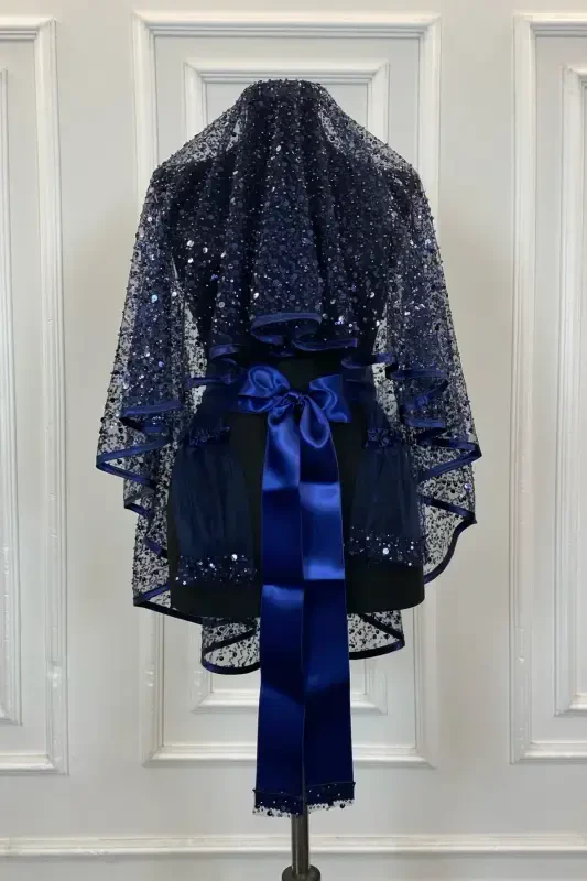 Navy Authentic VIP Bridal Veil Set, Complete Sequin Beaded Pearl Shiny Henna Veil Set 6 Pieces-Navy - 2