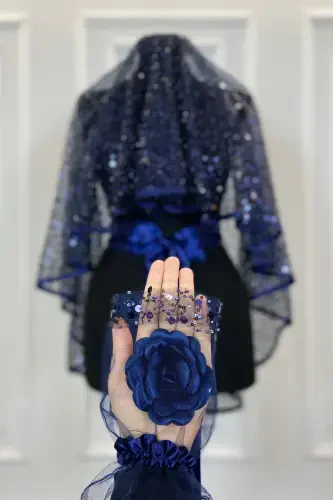 Navy Authentic VIP Bridal Veil Set, Complete Sequin Beaded Pearl Shiny Henna Veil Set 6 Pieces-Navy - 3