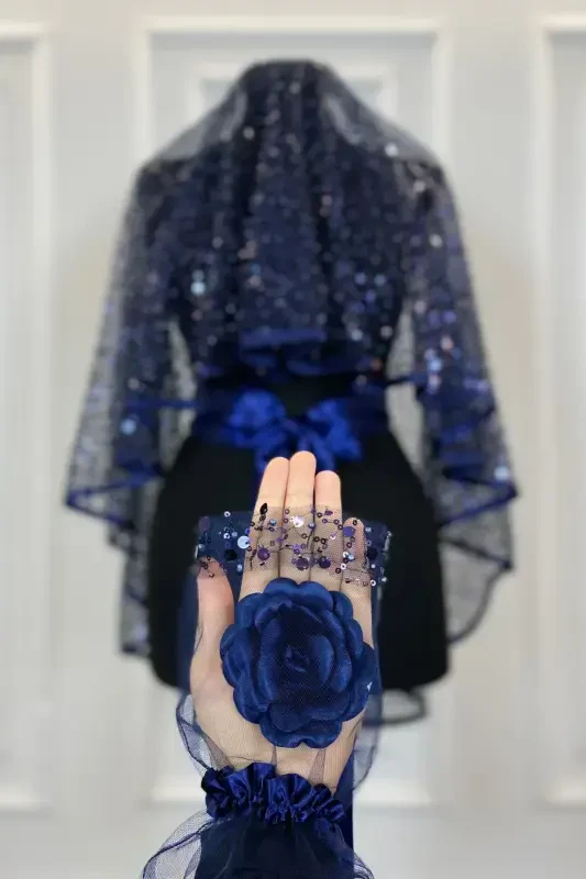 Navy Authentic VIP Bridal Veil Set, Complete Sequin Beaded Pearl Shiny Henna Veil Set 6 Pieces-Navy - 3