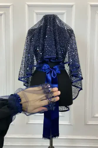 Navy Authentic VIP Bridal Veil Set, Complete Sequin Beaded Pearl Shiny Henna Veil Set 6 Pieces-Navy - 4