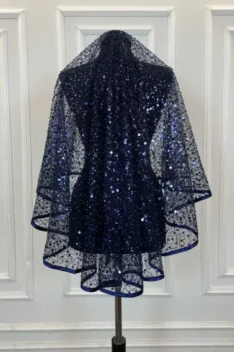 Navy Authentic VIP Bridal Veil Set, Complete Sequin Beaded Pearl Shiny Henna Veil Set 6 Pieces-Navy - 5