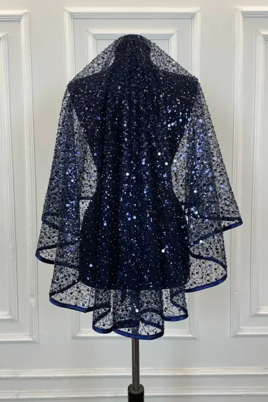 Navy Authentic VIP Bridal Veil Set, Complete Sequin Beaded Pearl Shiny Henna Veil Set 6 Pieces-Navy - 5