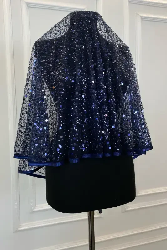 Navy Authentic VIP Bridal Veil Set, Complete Sequin Beaded Pearl Shiny Henna Veil Set 6 Pieces-Navy - 6