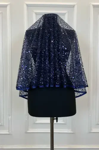 Navy Authentic VIP Bridal Veil Set, Complete Sequin Beaded Pearl Shiny Henna Veil Set 6 Pieces-Navy - 7