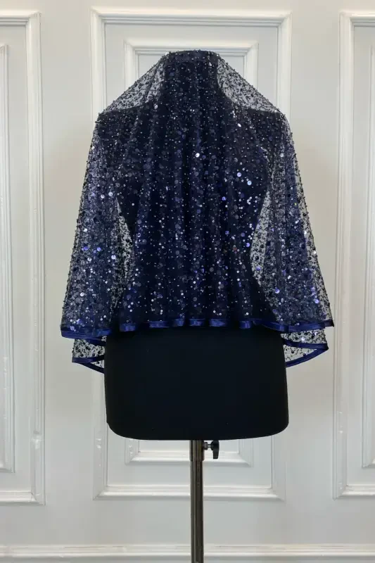 Navy Authentic VIP Bridal Veil Set, Complete Sequin Beaded Pearl Shiny Henna Veil Set 6 Pieces-Navy - 7