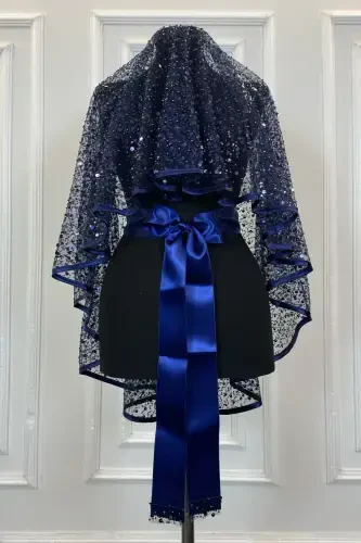 Navy Authentic VIP Bridal Veil Set, Complete Sequin Beaded Pearl Shiny Henna Veil Set 6 Pieces-Navy - 8