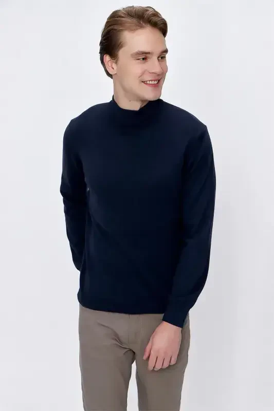 Navy Basic Dynamic Fit Relaxed Fit Half Turtleneck Knit Sweater - 2