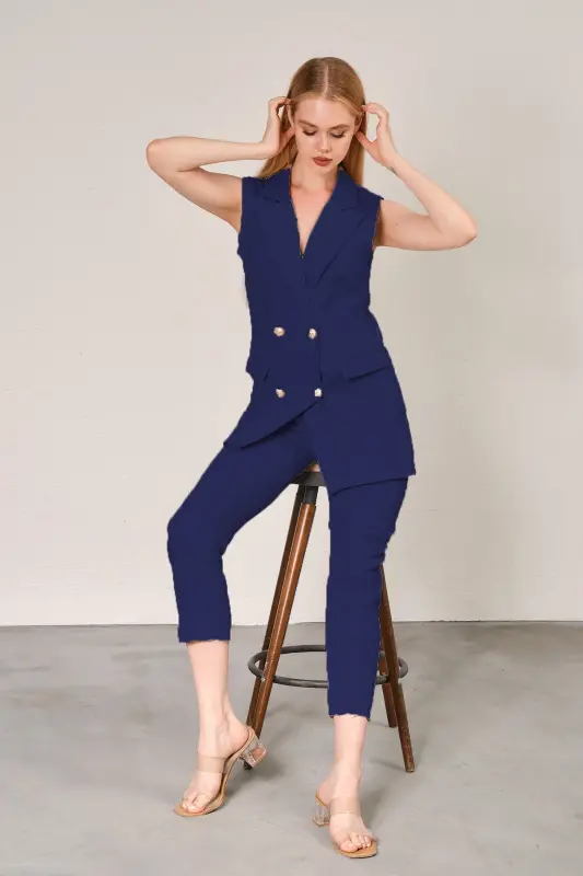 Navy Blazer Vest Trousers Pipe Leg Atlas Fabric Suit - Navy - 2