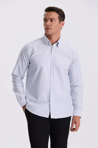 Navy Blue 100% Cotton Button-Down Collar Comfort Fit Shirt - 1