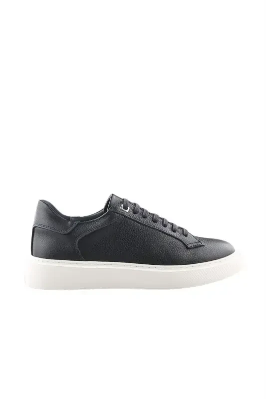 Navy Blue 100% Leather Lace-Up Casual Sneaker Shoes - 1