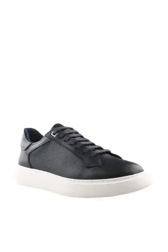 Navy Blue 100% Leather Lace-Up Casual Sneaker Shoes - 3