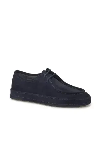 Navy Blue 100% Leather Laced Casual Suede Shoes - JAKAMEN (1)
