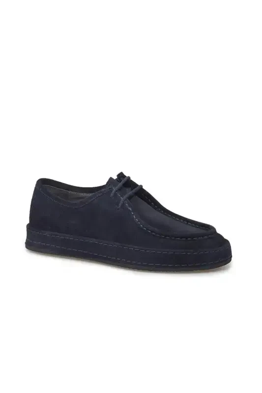 Navy Blue 100% Leather Laced Casual Suede Shoes - 2