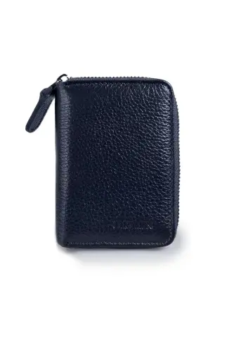Navy Blue 100% Leather Zippered Wallet 