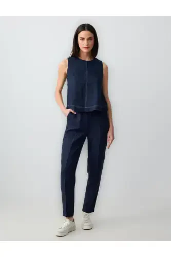 Navy Blue 100% Linen High Waist Regular Leg Trousers-Navy Blue - 1