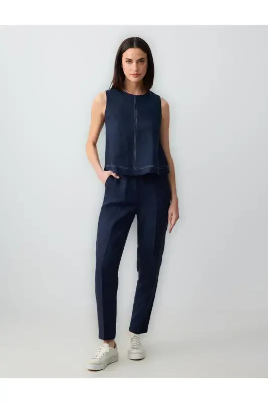 Navy Blue 100% Linen High Waist Regular Leg Trousers-Navy Blue - JIMMY KEY