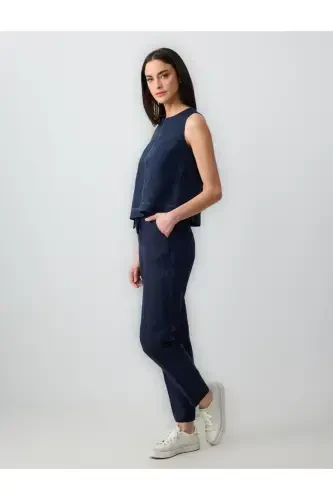 Navy Blue 100% Linen High Waist Regular Leg Trousers-Navy Blue - JIMMY KEY (1)