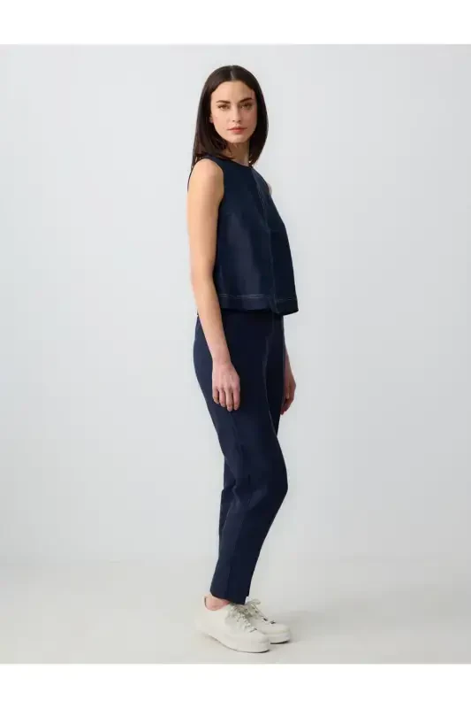 Navy Blue 100% Linen High Waist Regular Leg Trousers-Navy Blue - 3