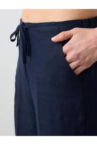 Navy Blue 100% Linen High Waist Regular Leg Trousers-Navy Blue - 5