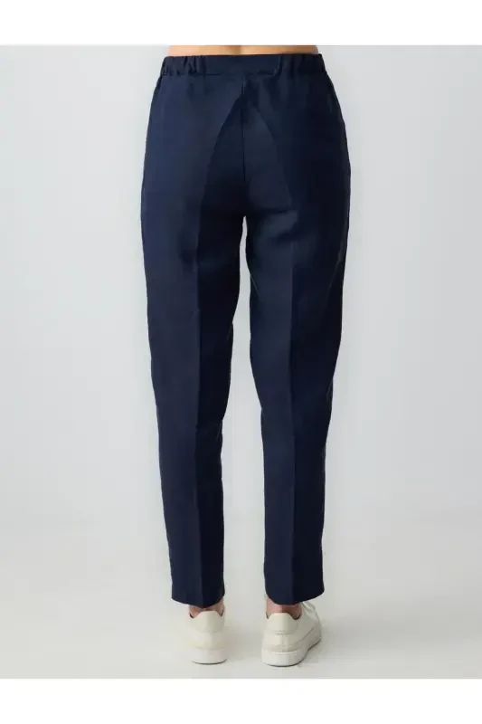 Navy Blue 100% Linen High Waist Regular Leg Trousers-Navy Blue - 6