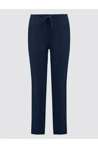 Navy Blue 100% Linen High Waist Regular Leg Trousers-Navy Blue - 7