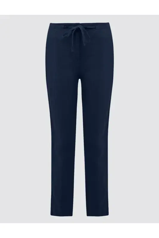 Navy Blue 100% Linen High Waist Regular Leg Trousers-Navy Blue - 7