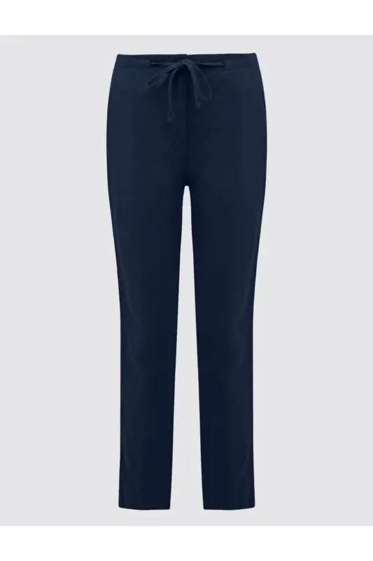 Navy Blue 100% Linen High Waist Regular Leg Trousers-Navy Blue - 7