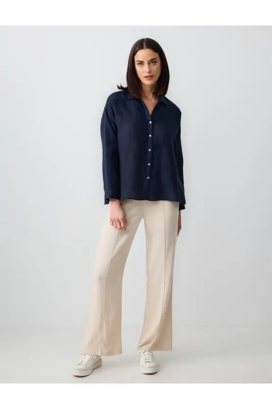 Navy Blue 100% Linen Long Sleeve Basic Shirt-Navy Blue - 2