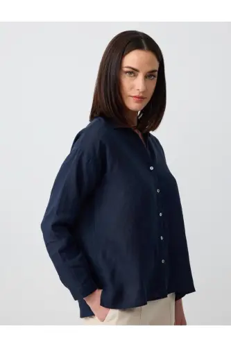 Navy Blue 100% Linen Long Sleeve Basic Shirt-Navy Blue - 4