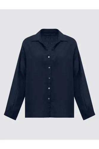 Navy Blue 100% Linen Long Sleeve Basic Shirt-Navy Blue - 7