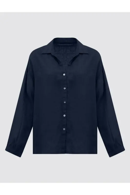Navy Blue 100% Linen Long Sleeve Basic Shirt-Navy Blue - 7