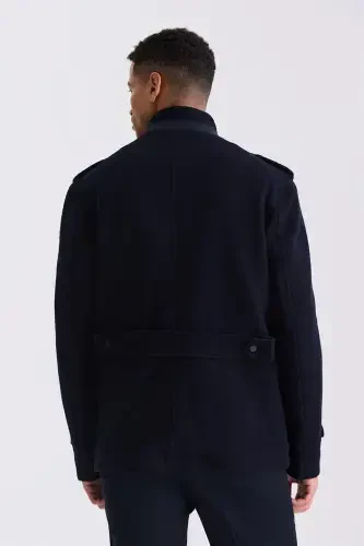 Navy Blue-2 Slim Fit Clerical Collared Epauletted Patterned Sport Cashmere Coat - 1