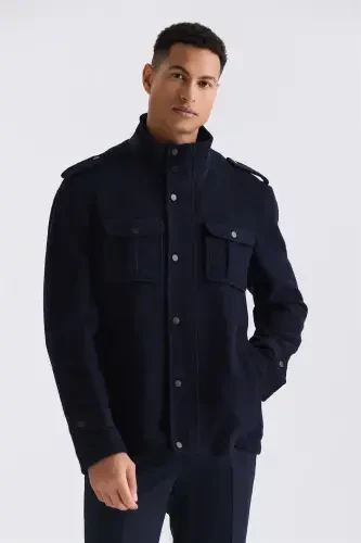 Navy Blue-2 Slim Fit Clerical Collared Epauletted Patterned Sport Cashmere Coat - JAKAMEN (1)