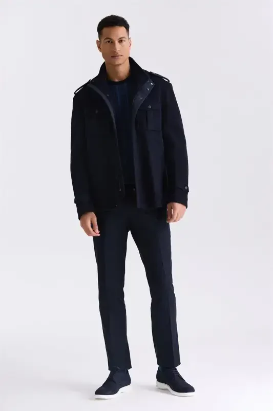 Navy Blue-2 Slim Fit Clerical Collared Epauletted Patterned Sport Cashmere Coat - 3