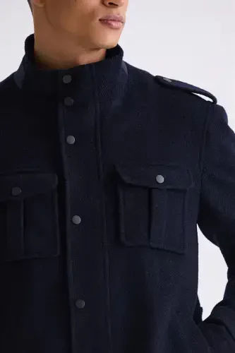 Navy Blue-2 Slim Fit Clerical Collared Epauletted Patterned Sport Cashmere Coat - 4