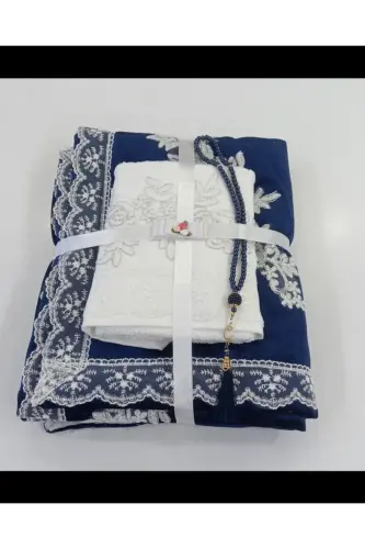 Navy Blue 3 Piece Gift Dowry Prayer Rug Set-Navy Blue - 1