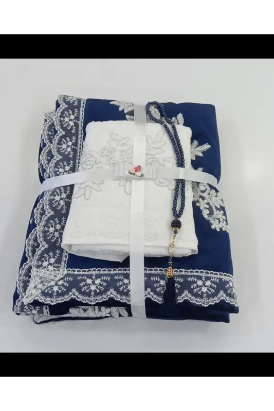 Navy Blue 3 Piece Gift Dowry Prayer Rug Set-Navy Blue - CEYIZIMDEKOR