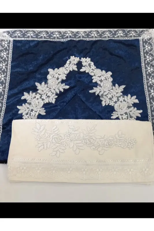 Navy Blue 3 Piece Gift Dowry Prayer Rug Set-Navy Blue - 2