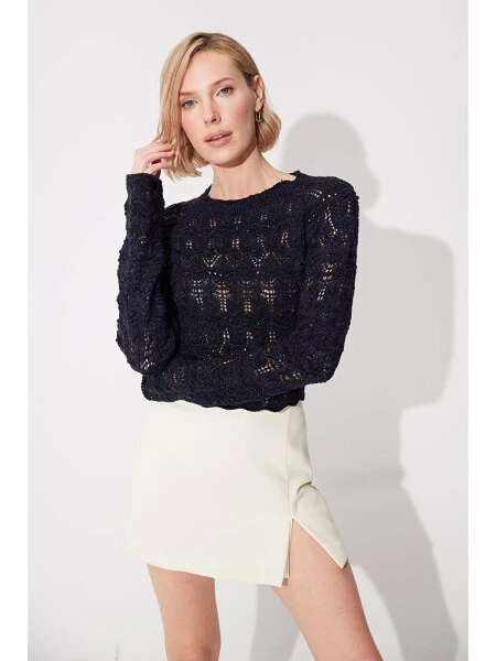 Navy Blue Backless Crew Neck Knit Sweater - 8