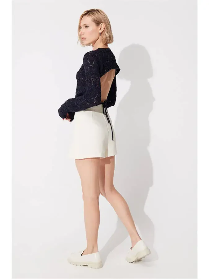 Navy Blue Backless Crew Neck Knit Sweater - 10