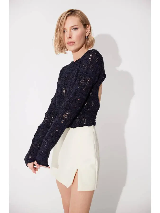 Navy Blue Backless Crew Neck Knit Sweater - 2