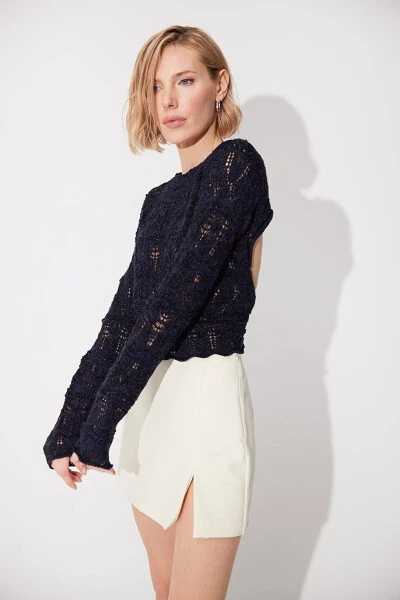 Navy Blue Backless Crew Neck Knit Sweater - 11
