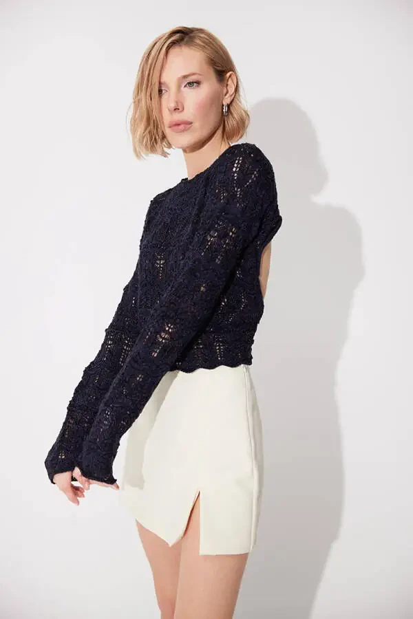 Navy Blue Backless Crew Neck Knit Sweater - 11