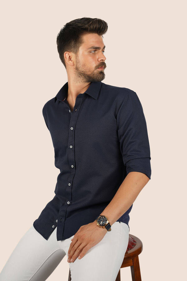 Navy Blue Baklava Pattern Slim Fit Gift Boxed Men's Shirt - 2